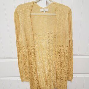 Pinque Womens Size Large Open Long Knit Cardigan Boho Yellow EUC